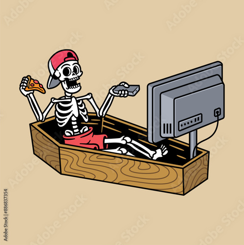 skull watching tv in coffin illustration