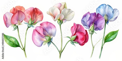 Watercolor Painting of Sweet Pea Flowers in Various Colors, watercolor , sweet pea , botanical , flower , flower painting