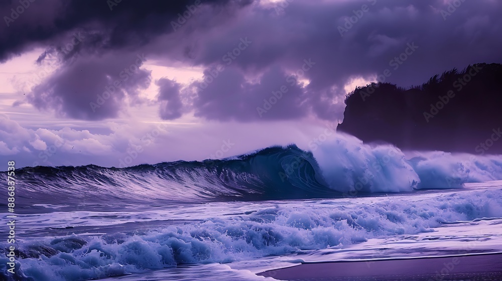 Dramatic waves in deep purple and midnight blue hues crashing under stormy clouds at Piha beach Dramatic waves in deep purple and midnight blue hues crashing under stormy clouds at Piha beach