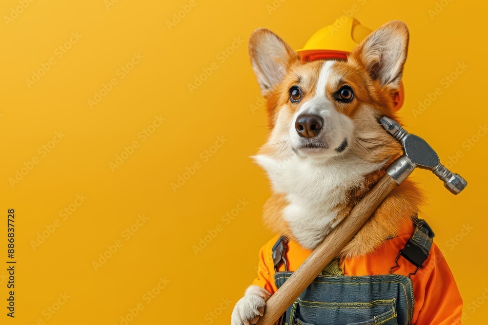 A Welsh Corgi in a construction workers outfit, holding a hammer on an orange background with ample copy space