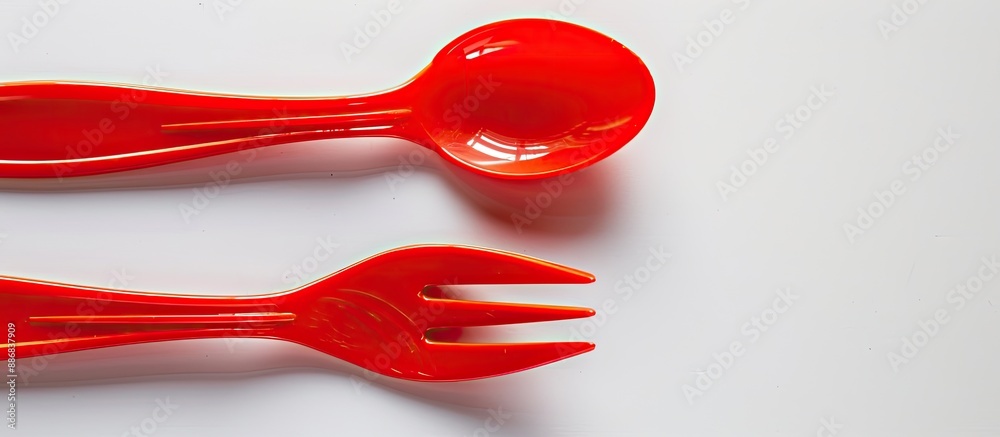 Close-up top view of a disposable red plastic fork and spoon on a white background, perfect for copy space image. Close-up top view of a disposable red plastic fork and spoon on a white background, perfect for copy space image.