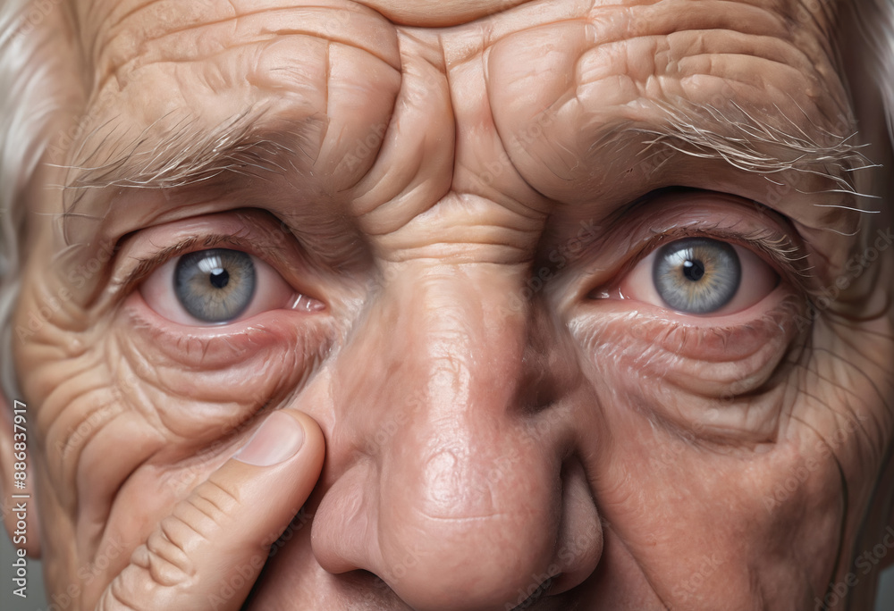 Old senior man eyes, closeup detail to his face, both iris visible, wrinkled skin near