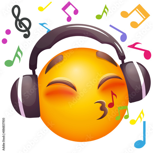 Emoji with headphones singing and listening music. Emoticon on white background. Emoji for party, celebration, invitation, postcard, print, graphic design elements. Cute emoticon