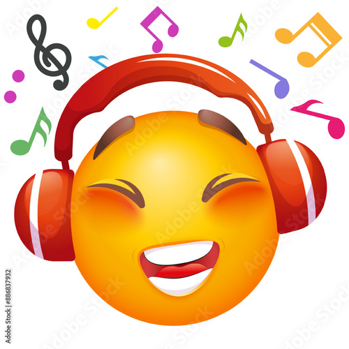 Emoji with headphones listening music. Emoticon on white background. Emoji for party, celebration, invitation, postcard, print, graphic design elements. Cute emoticon