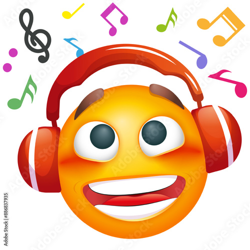 Emoji with headphones listening music. Emoticon on white background. Emoji for party, celebration, invitation, postcard, print, graphic design elements. Cute emoticon