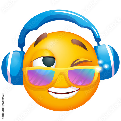 Emoji with headphones listening music. Emoticon in sunglasses on white background. Emoji for party, celebration, invitation, postcard, print, graphic design elements. Cute emoticon