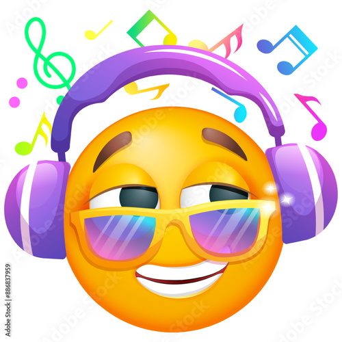 Emoji with headphones listening music. Emoticon in sunglasses on white background. Emoji for party, celebration, invitation, postcard, print, graphic design elements. Cute emoticon