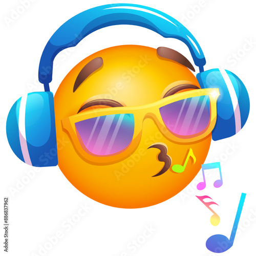 Emoji with headphones singing and listening music. Emoticon in sunglasses on white background. Emoji for party, celebration, invitation, postcard, print, graphic design elements. Cute emoticon
