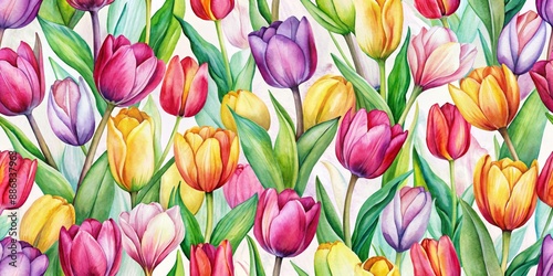 Watercolor Seamless Pattern with Colorful Tulips, Watercolor, Seamless, Spring Flowers, Floral © Working Moments