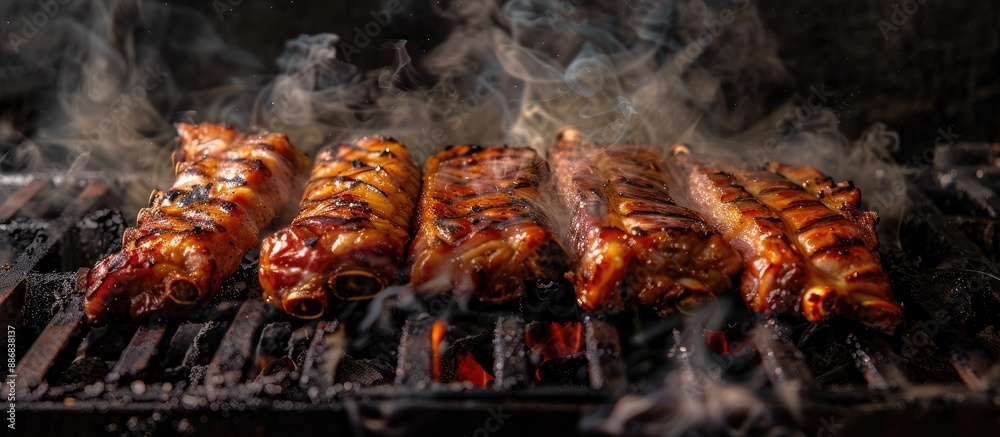 Barbecued pork belly sizzling over hot coals creating a smoky aroma; great copy space image. Barbecued pork belly sizzling over hot coals creating a smoky aroma; great copy space image.