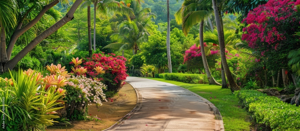 Naklejka premium Explore a lush tropical garden with a scenic walking path among blooming trees, perfect for tourism and relaxation, featuring copy space image opportunity.