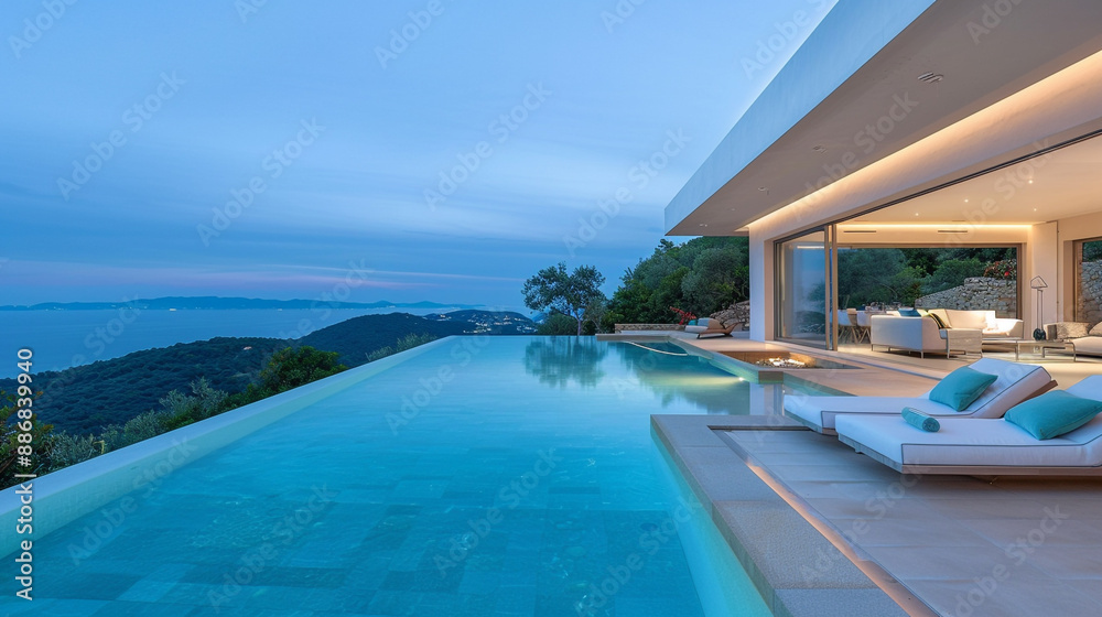 Fototapeta premium Stylish villa with panoramic views and an infinity edge pool.
