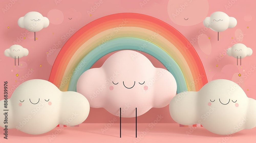 Cheerful patterns of rainbows and clouds in bright colors, perfect for creating a joyful and optimistic backdrop. Illustration, Image, , Minimalism, Cheerful patterns of rainbows and clouds in bright colors, perfect for creating a joyful and optimistic backdrop. Illustration, Image, , Minimalism,