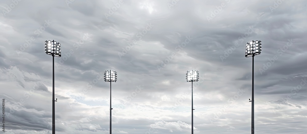 Metal poles in a stadium with spotlights illuminate the scene against a white cloudy sky, perfect as a background with available copy space image. Metal poles in a stadium with spotlights illuminate the scene against a white cloudy sky, perfect as a background with available copy space image.