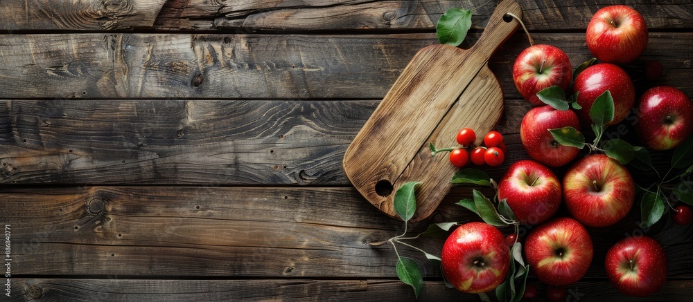 A rustic wooden table adorned with fresh apples, a cutting board shaped like an apple, creating a charming composition with a prominent copy space image. A rustic wooden table adorned with fresh apples, a cutting board shaped like an apple, creating a charming composition with a prominent copy space image.