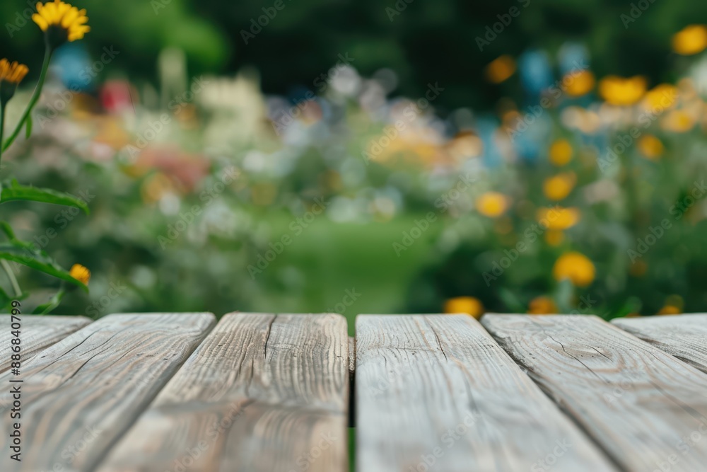 In a supernatural scene, an empty wooden table with selected focus and copy space stands amidst the blur of a lush flower meadow In a supernatural scene, an empty wooden table with selected focus and copy space stands amidst the blur of a lush flower meadow