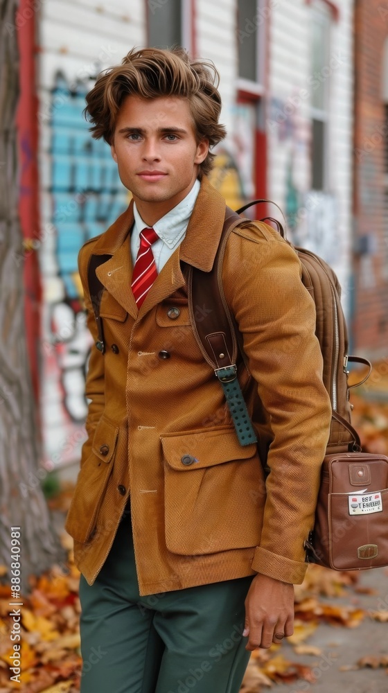 Stylish Young Man in Preppy Autumn Attire on City Street