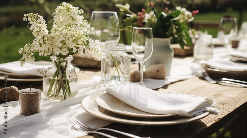 Fototapeta premium Table decor, holiday tablescape and dinner table setting in countryside garden, formal event decoration for wedding, family celebration, English country and home styling inspiration
