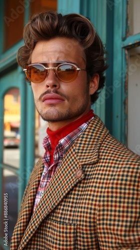 Stylish Man in Retro Plaid Jacket Posing Confidently Outdoors