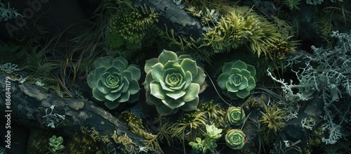 A trio of petite succulent plants is nestled in a forest setting, encircled by lush lichens, creating an enchanting scene with a copy space image. photo