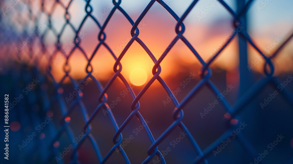 Vibrant Sunset Behind Chain-Link Fence, Exploring Barriers and Freedom Vibrant Sunset Behind Chain-Link Fence, Exploring Barriers and Freedom