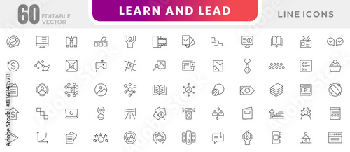 Learn and lead line icon set. Leadership, training, leader, delegation, control, responsibility, knowledge, study, grow, development and exploration outline icons collection. UI thin outline icon set.
