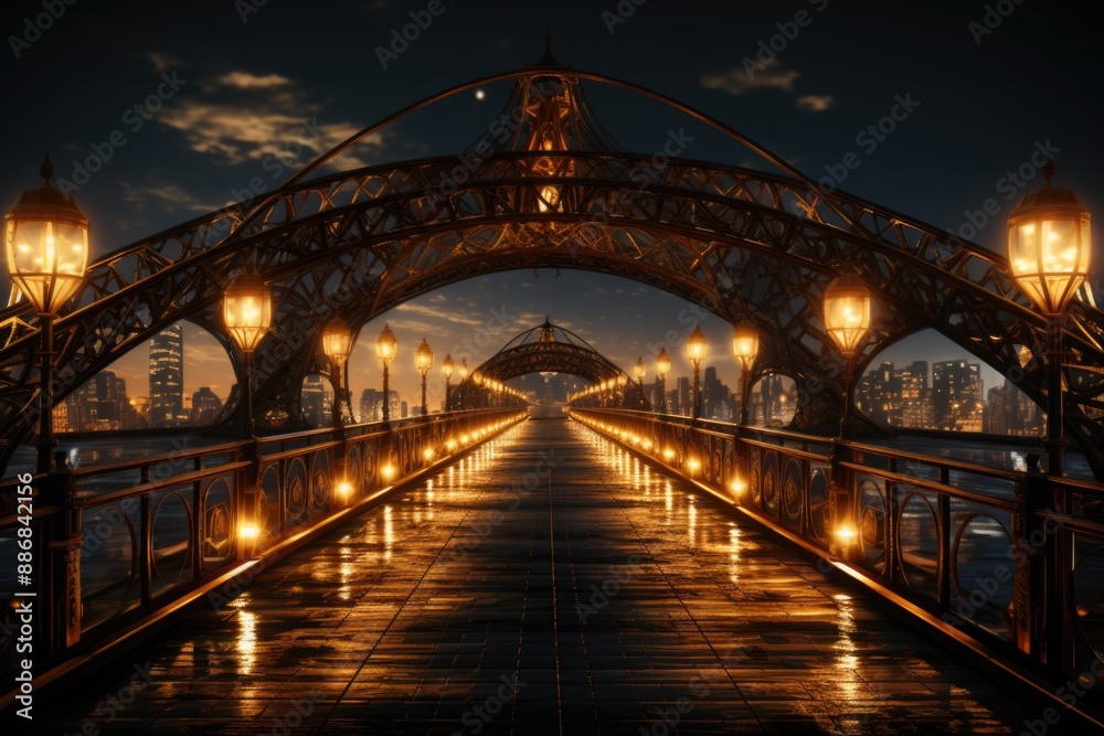 View of the bridge suspended against the sky during the sunset, generative IA