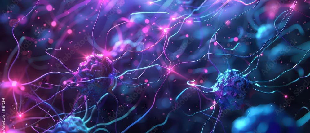 Neon style of brain neurons highlighting cognitive health benefits, with a cyberpunk 80s color scheme, presented in an illustration template Neon style of brain neurons highlighting cognitive health benefits, with a cyberpunk 80s color scheme, presented in an illustration template
