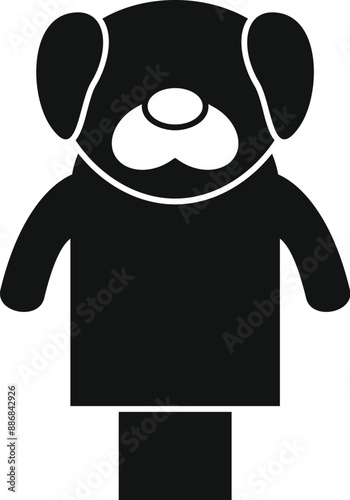 Black and white simple illustration of a dog hand puppet standing on stage