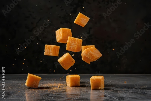 Rutabaga chunks separating in midair, highlighting their hearty texture and earthy, slightly sweet taste in a vibrant explosion