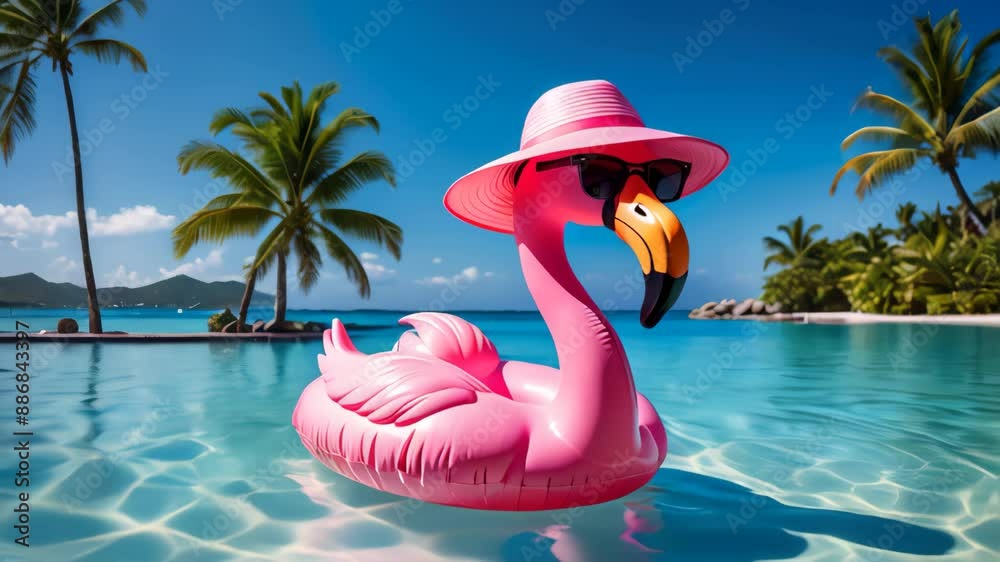 An inflatable flamingo floats around the pool. Sun, summer, palm trees