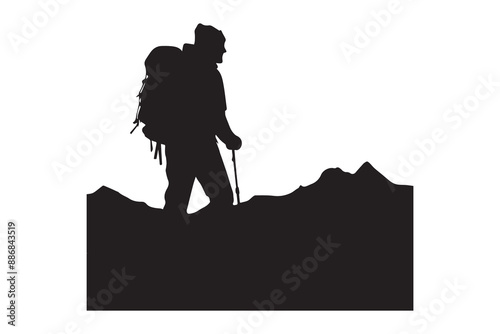 PrintHiking man Silhouettes. hiking man with rucksacks silhouette. hiker with backpack, vector silhouettes. mountaineer climber hiker people. Backpacker. walking with the aid of trekking poles.