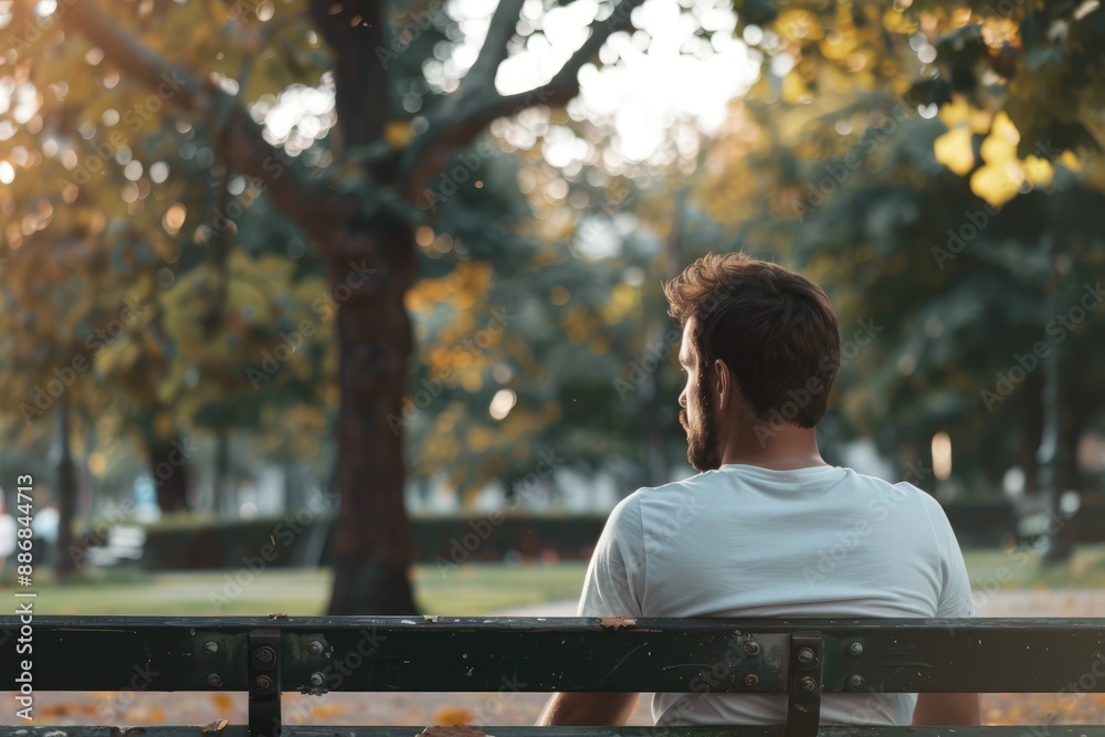 Fototapeta premium Man Sitting on Bench Deep in Thought 