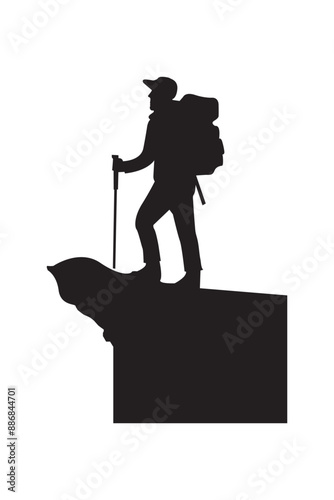 PrintHiking man Silhouettes. hiking man with rucksacks silhouette. hiker with backpack, vector silhouettes. mountaineer climber hiker people. Backpacker. walking with the aid of trekking poles.