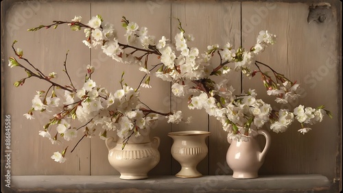 The branches of white cherry blossoms in vases on an old vintage wooden board background