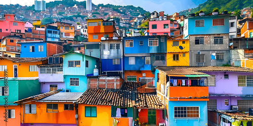 Brazilian favela cityscape with colorful buildings perfect for graphic art projects. Concept Brazilian Favela Cityscape, Colorful Buildings, Graphic Art Projects, photo