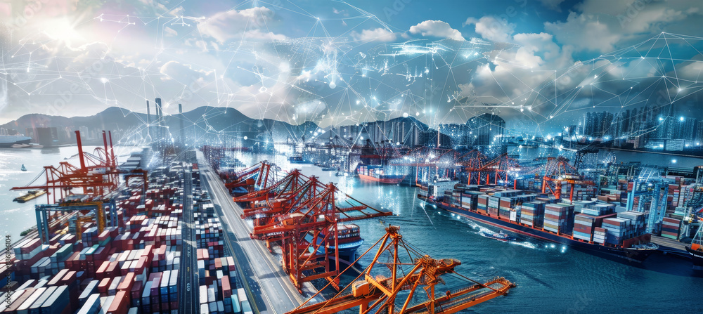 Obraz premium A cargo ship sits docked at a busy port, surrounded by other vessels and cranes, highlighting the intricate network of global trade