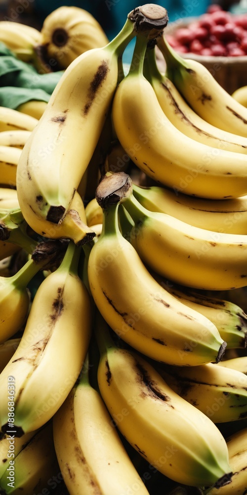 Close up of bananas in outdoors stand. Cultivated fruits for retail sale at local market. Generated AI Close up of bananas in outdoors stand. Cultivated fruits for retail sale at local market. Generated AI