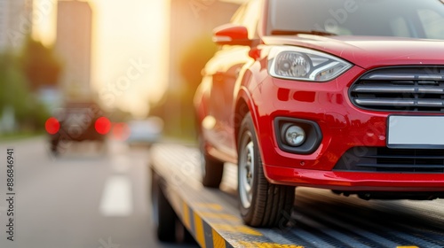  A red car's front end is loaded onto a flatbed tow truck against a backdrop of roadside buildings