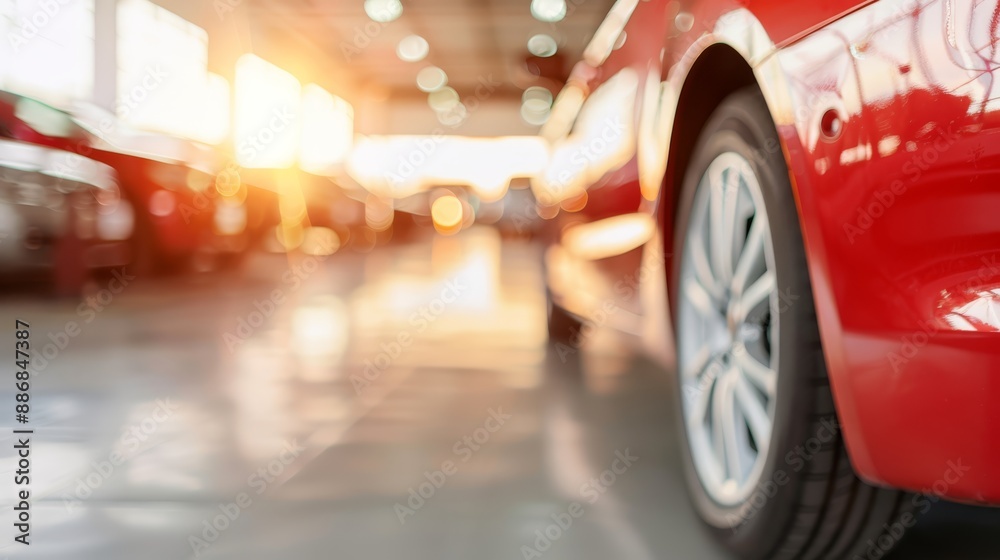 A red car's detailed view in a showroom, surrounded by other vehicles in the background Blurred depiction of its back end A red car's detailed view in a showroom, surrounded by other vehicles in the background Blurred depiction of its back end