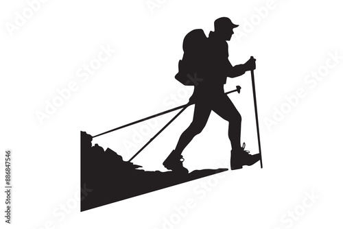 PrintHiking man Silhouettes. hiking man with rucksacks silhouette. hiker with backpack, vector silhouettes. mountaineer climber hiker people. Backpacker. walking with the aid of trekking poles.