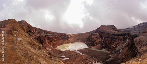 Panorama photo Gorely volcano with cloud sky in Kamchatka, Russia photo