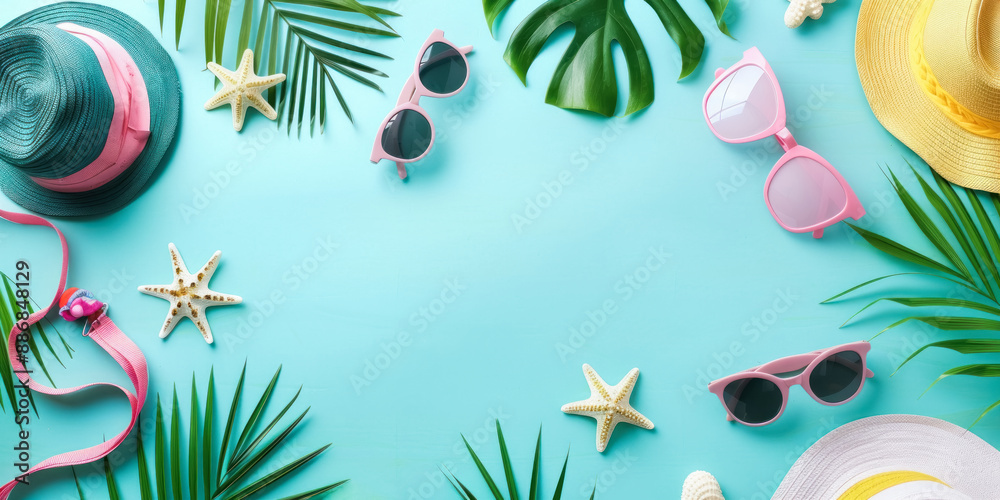 Summer vacation accessories and tropical leaves on a bright blue background, creating a vibrant and cheerful beach-themed composition Summer vacation accessories and tropical leaves on a bright blue background, creating a vibrant and cheerful beach-themed composition
