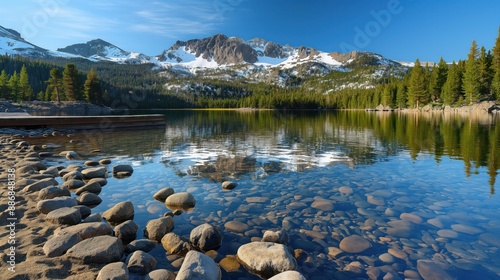 pristine mountain lake with crystal-clear water reflecting the surrounding snow-capped peaks and evergreen trees