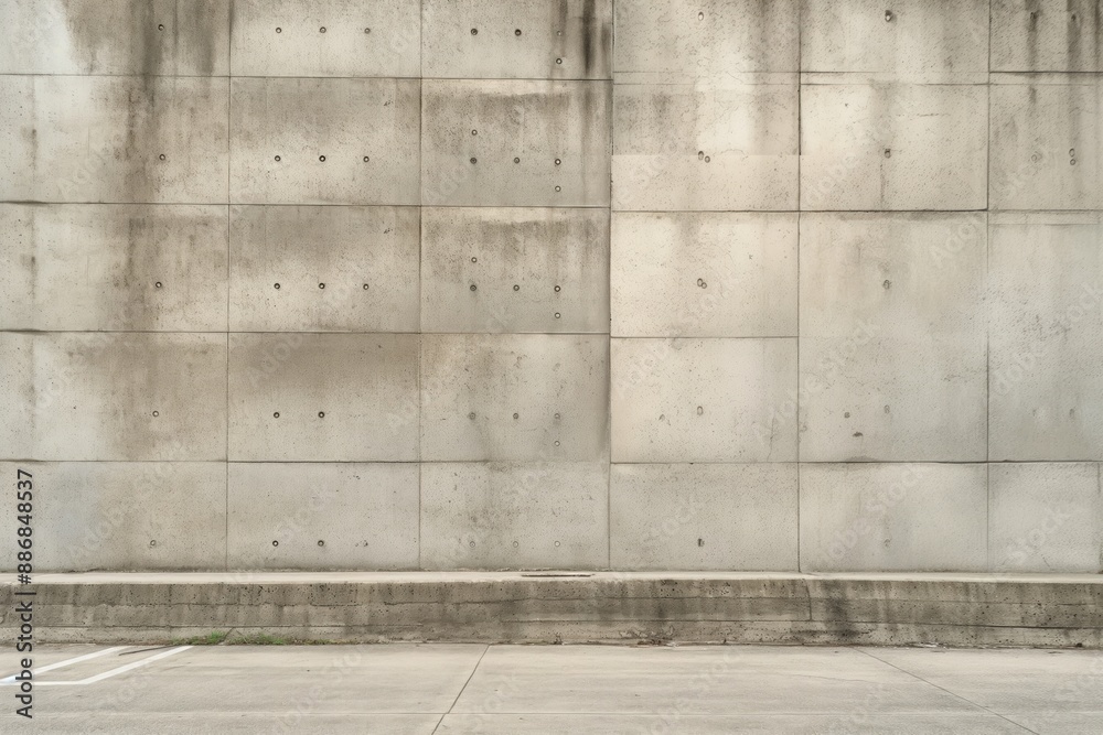 Concrete wall with grid pattern of small holes on gray background. Perspective from below gives sense of grandeur and scale. Texture details highlight rough concrete surface.