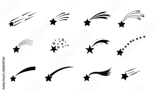 Set of shooting stars. Falling stars vector set with different tails. Icons of meteorites and comets. Black Shooting star isolated on white background. Graphic illustration for web design.