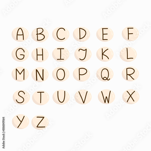 Hand drawn english alphabet in circles plastic beads. Friendship bracelet, charm, kids jewelry. Vector isolated on white background.