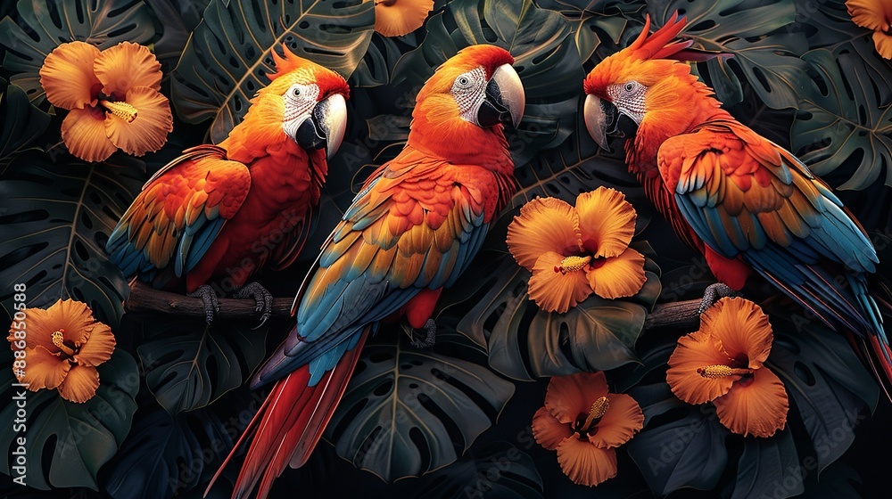 Fototapeta premium Vibrant artwork of tropical birds in a lush jungle setting, highlighting colorful feathers and exotic wildlife. Illustration, Image, , Minimalism,