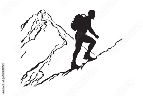 PrintHiking man Silhouettes. hiking man with rucksacks silhouette. hiker with backpack,
vector silhouettes. mountaineer climber hiker people. Backpacker. walking with the aid of trekking poles.