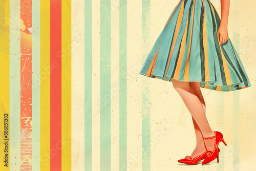Vintage pin-up woman in summer dress and red shoes on colorful retro background with space for text